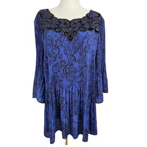Catherines Tunic Top 2X Blue Black Pleated Velvet Embroidered Neck Whimsigoth